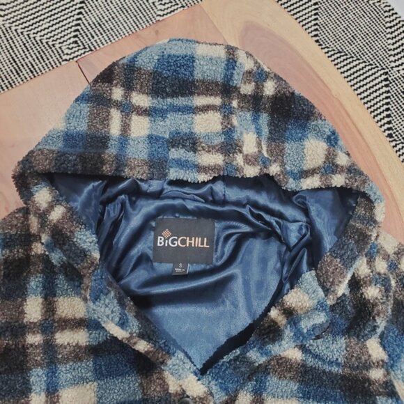 Big Chill Teal Blue Plaid Fleece/Satin Sweater Jacket - Picture 9 of 14